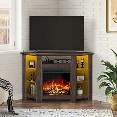 Soporte de TV de esquina para chimenea, centro de entretenimiento para sala de estar, nogal