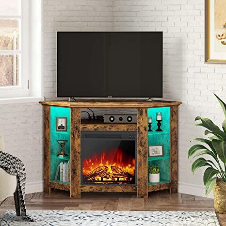 Mueble esquinero para TV con chimenea, centro de entretenimiento para sala de estar, marrón rústico
