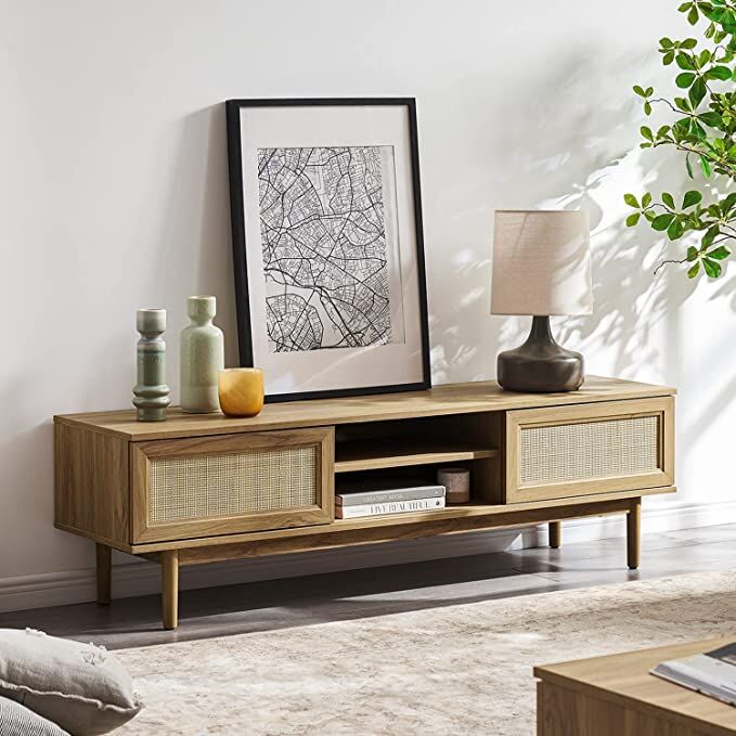 Mueble de TV de granja moderno con puertas corredizas de ratán (roble natural)