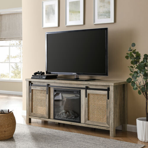 Mueble de mimbre para televisores de hasta 65" con chimenea eléctrica, gris