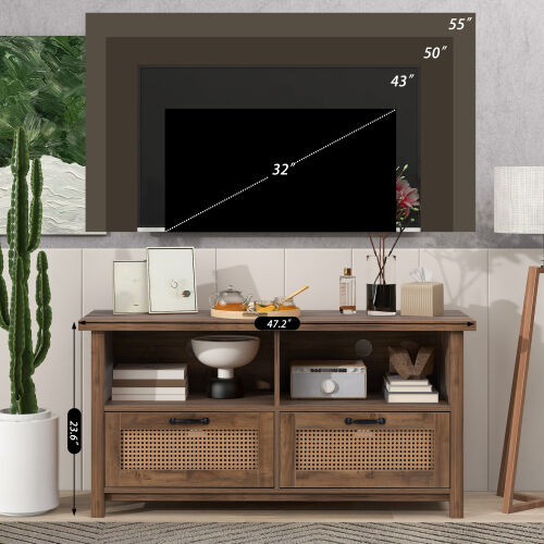 Mueble de TV con un tamaño máximo de 55 pulgadas, puerta de gabinete de ratán, diseño de riel deslizante