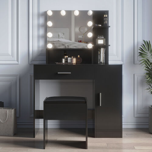 Mesa de maquillaje rectangular con espejo, estantes abiertos, para dormitorio, negro