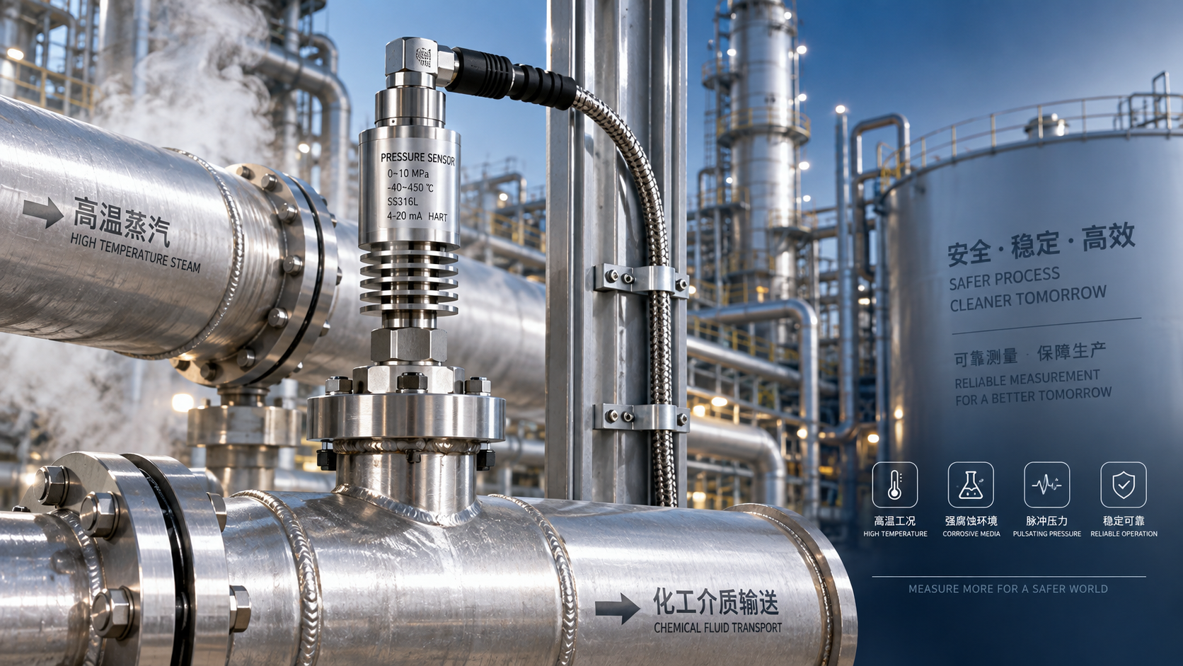Which parameters should be considered when selecting pressure sensors for high-temperature, corrosive, and pulsating operating conditions?