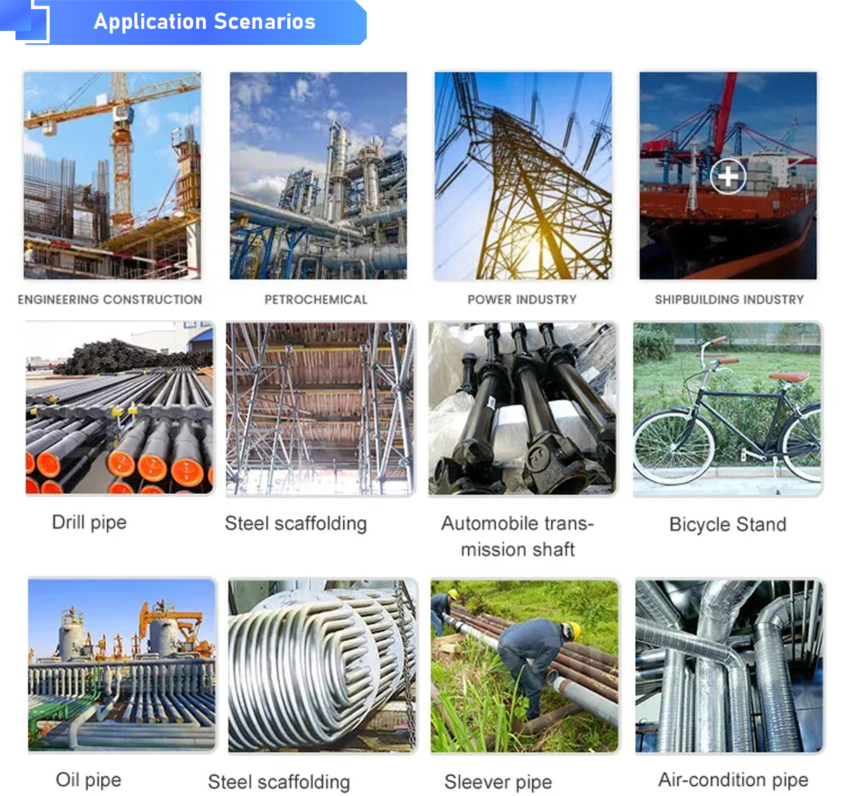 Application Scenarios场景应用.jpg A53(A.B) Galvanized Seamless Steel Pipe