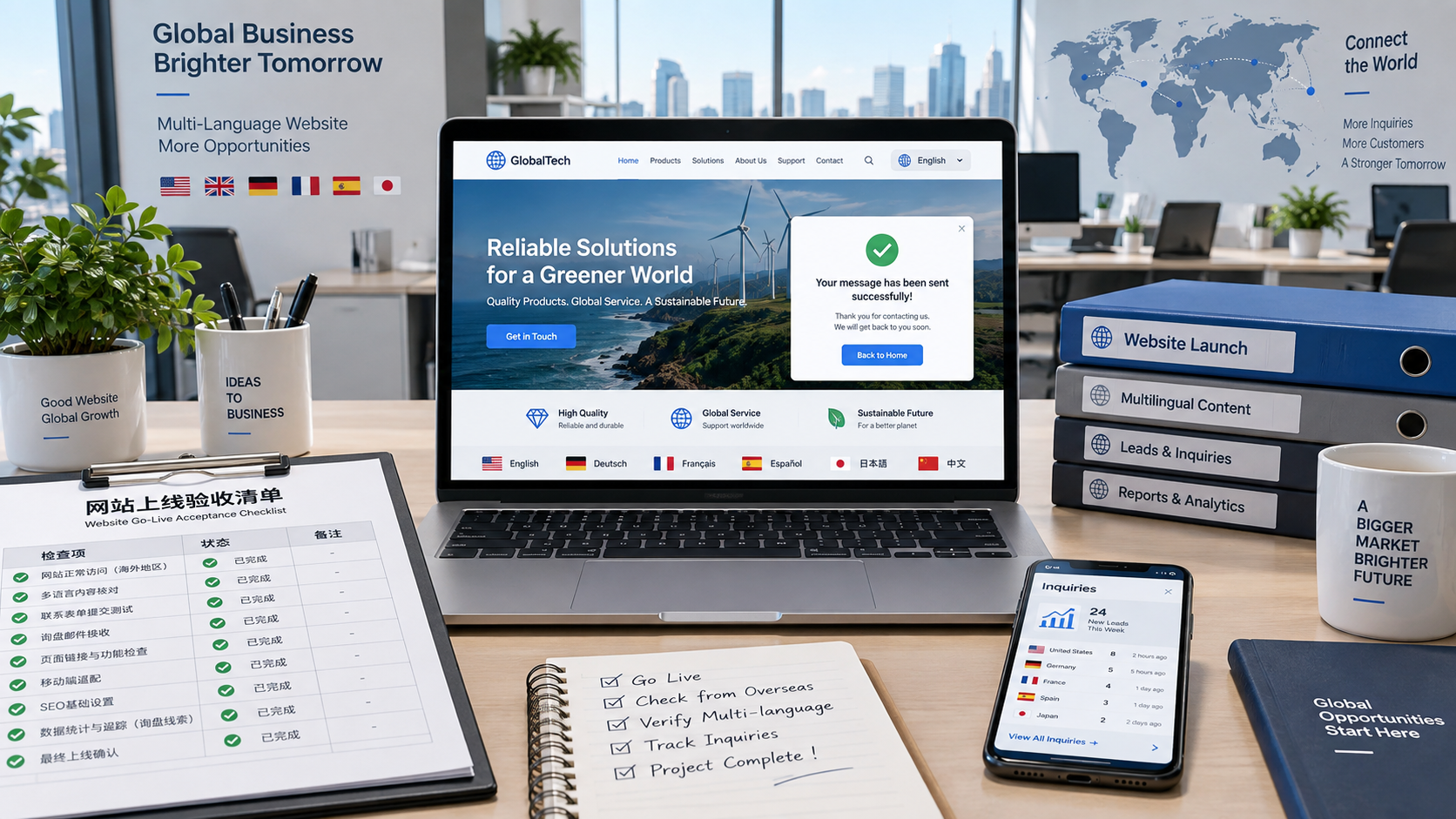 Which launch acceptance items should be included in an export website development checklist?