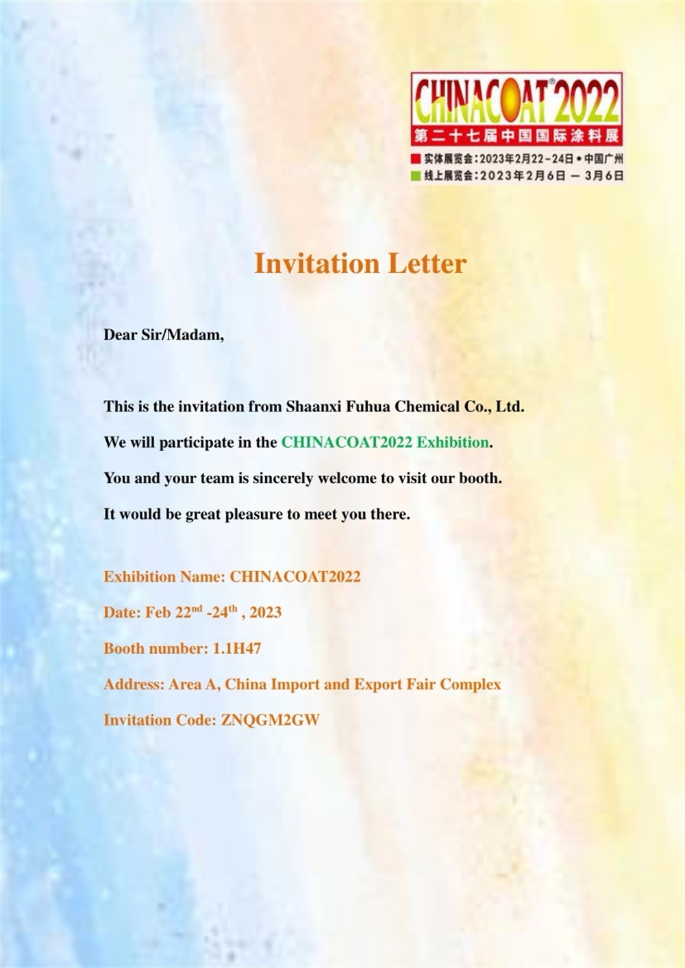 Invitation Letter for CHINACOAT 2022
