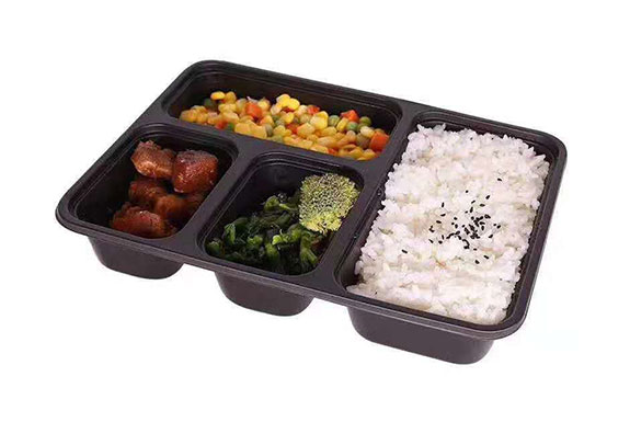 Disposable fast food packaging box flat lid four-compartment lunch box