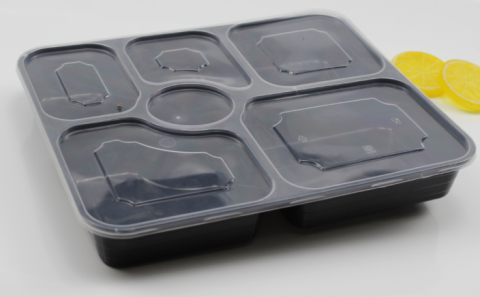 Disposable flat lid square six-compartment 1300ml lunch box