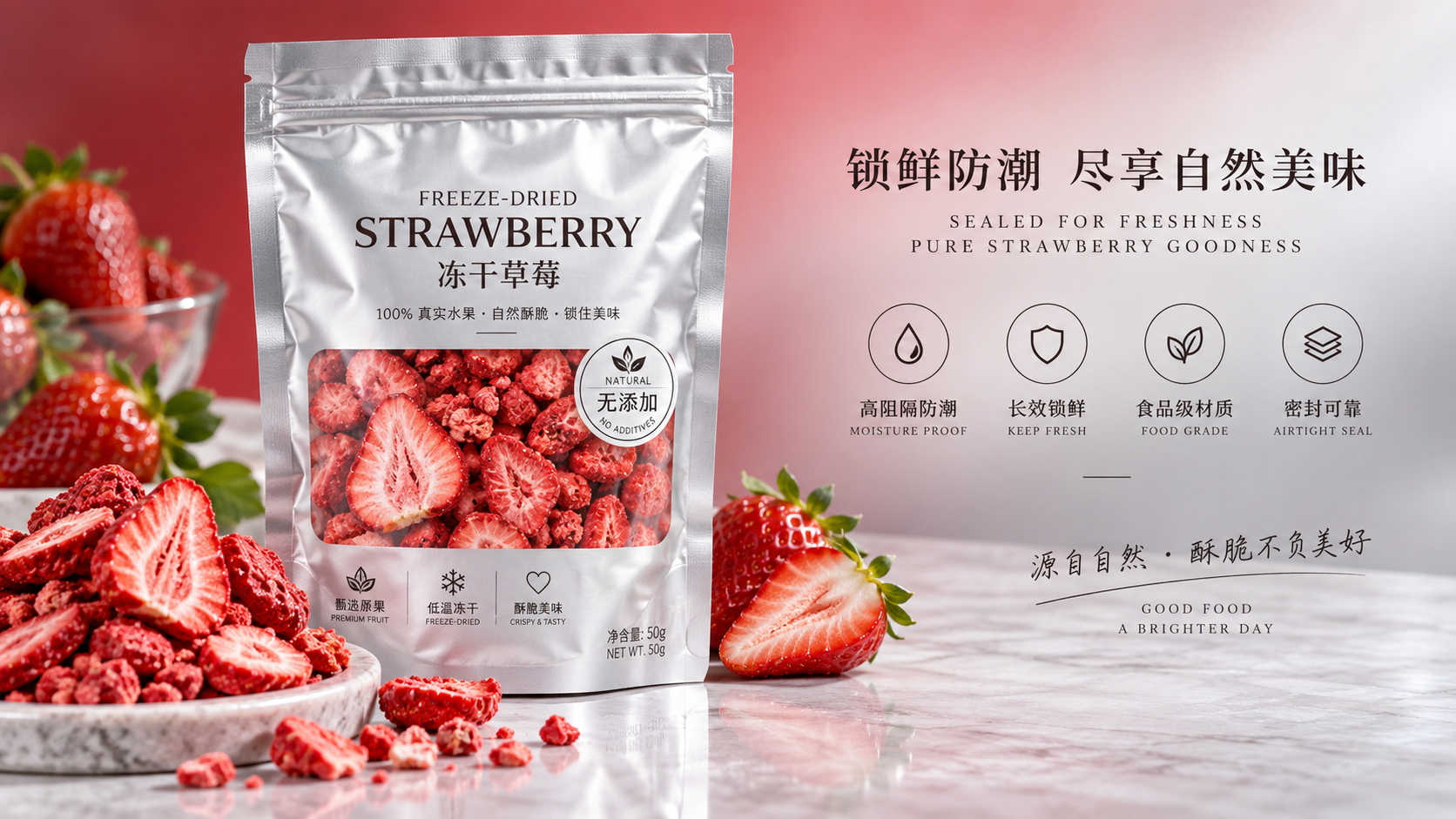 Wie getrocknete Erdbeeren für Snacks während der Verpackung knusprig bleiben