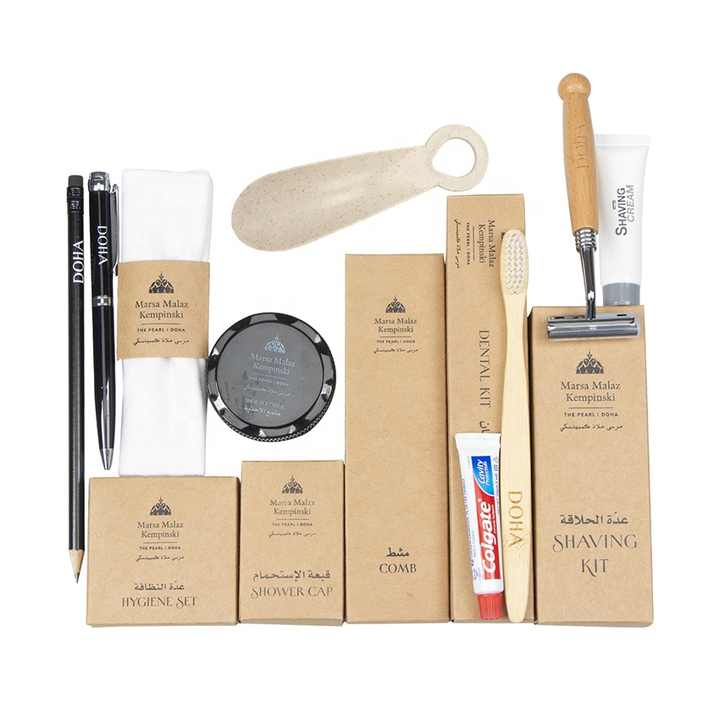 Eco Friendly Custom Spa Hotel Guestroom Toiletries Amenities Set Supplies Pack Logo customized Eco Friendly Custom Spa Hotel Guestroom Toiletries Amenities Set Supplies Pack Logo customized