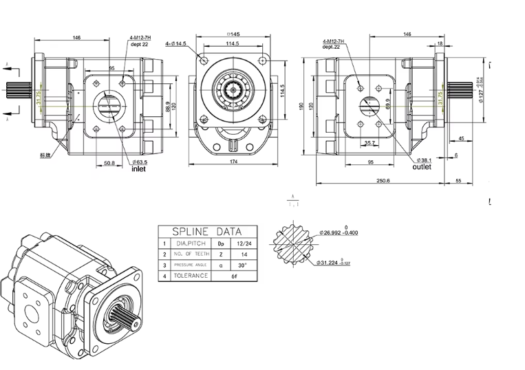 Uchida  P7600 200CC Displacement Cast Iron Hydraulic Gear Pump