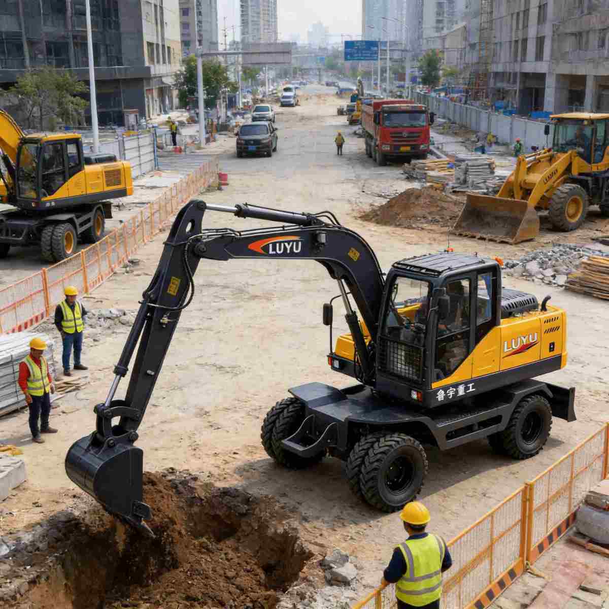 LUYU轮式挖掘机工地工作场景