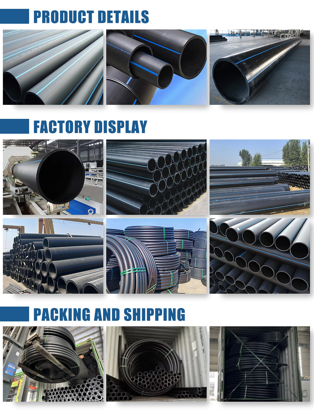 PE pipe with blue marking line High Density Polyethylene HDPE Pipe