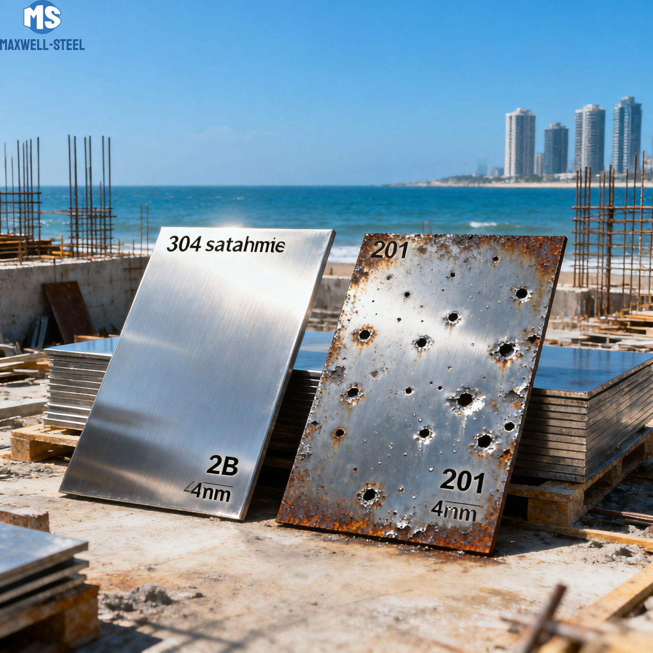Is 304 stainless steel plate really more corrosion-resistant than 201 in coastal construction projects?