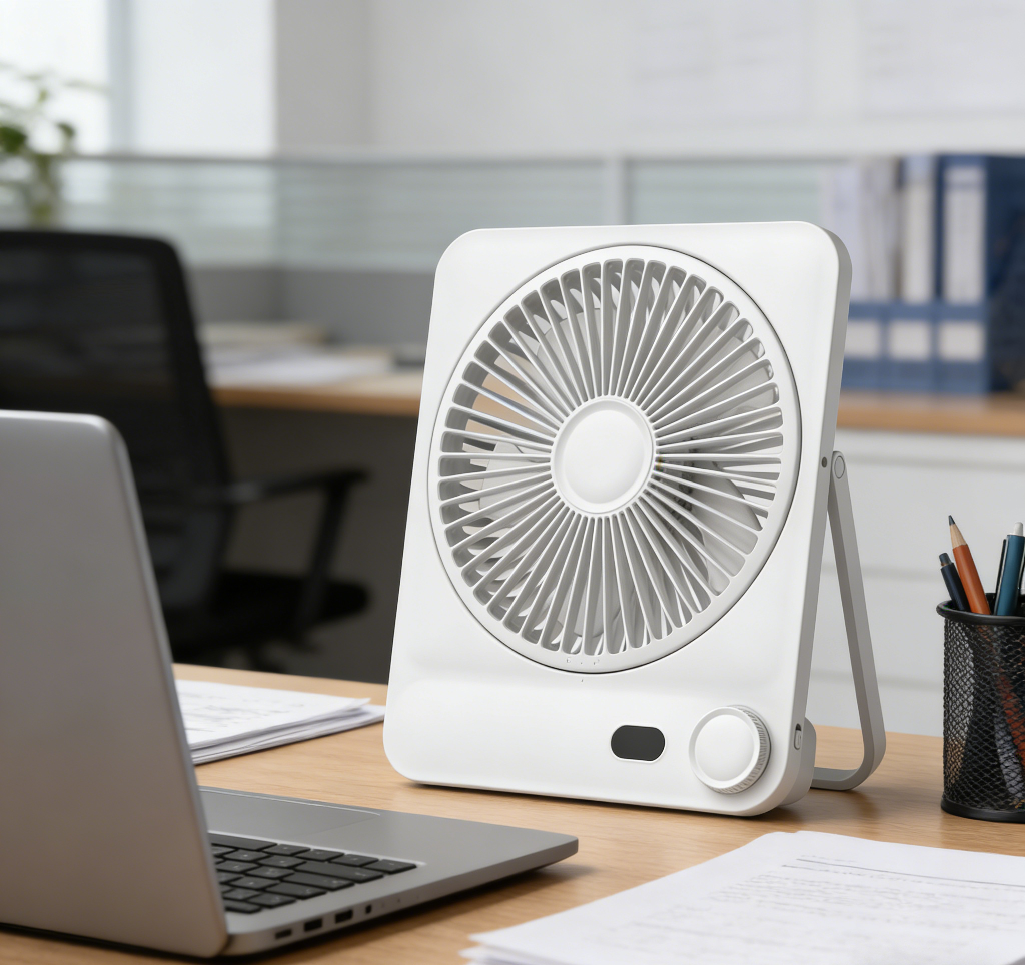Ultra-Thin Card-Sized Desktop Fan, Powerful & Quiet Portable, Essential for Office, Dorm & Camping, Adjustable Stand & Hanging Design