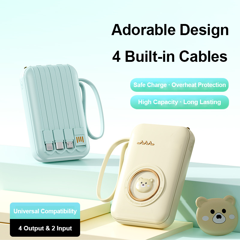 10000mAh Mini Power Bank Built-in 4 Cables Cute Bear Portable Charger  Charging Small & Lightweight Powerbank for Accessory Smartphone Chargeable