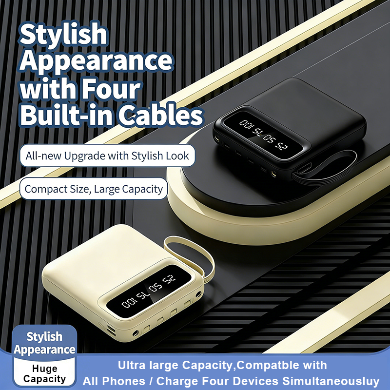 Portable Mini Power Bank with 4 Built-in CablesSmart LED Display , Travel Friendly