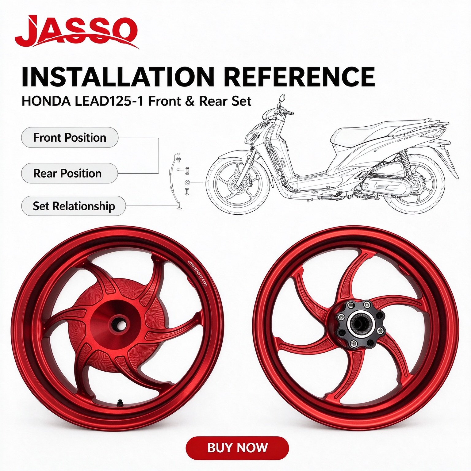 Honda LEAD 125 Horseshoe CNC Aluminum Alloy Wheel Rim - Glossy Red