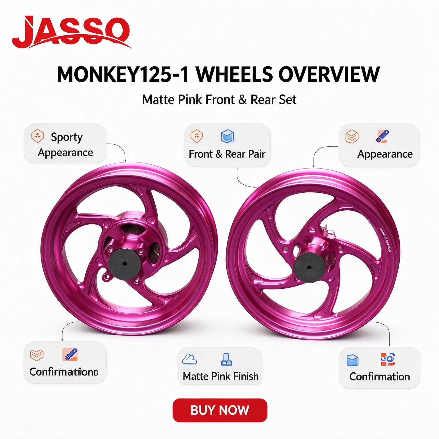 Honda MONKEY 125 Aluminum Alloy Wheel Rim Set - Matte Pink (Front and Rear)