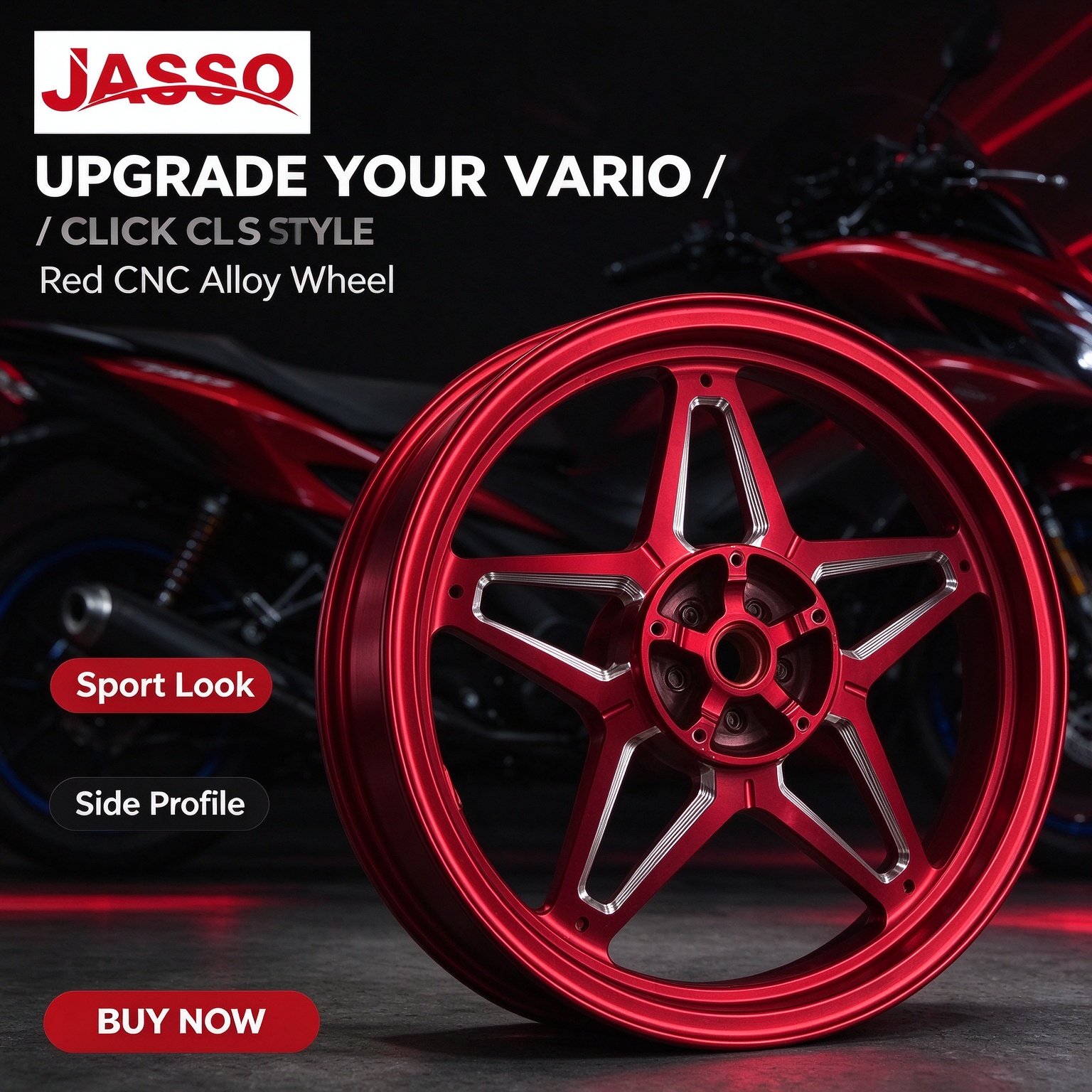 Honda VARIO 125 / 160 Five-Point Star CNC Aluminum Wheel Rim - Glossy Red