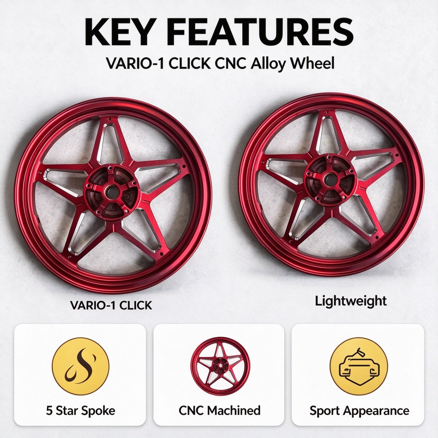 Honda VARIO 125 / 160 Five-Point Star CNC Aluminum Wheel Rim - Glossy Red