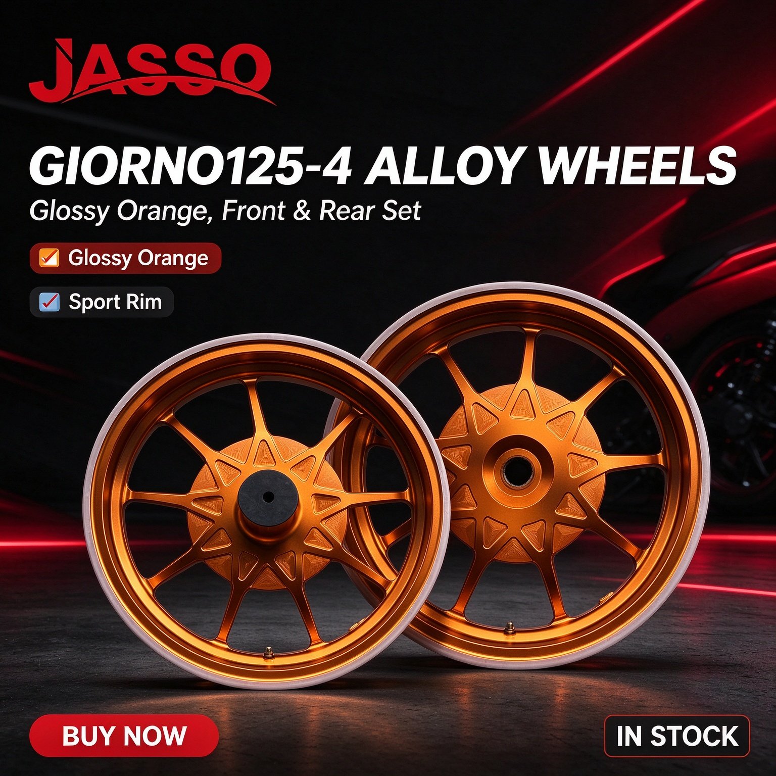 Honda GIORNO 125 Sport Alloy Wheel Rim Set - Bright Orange Five-Spoke Twist (Front and Rear)