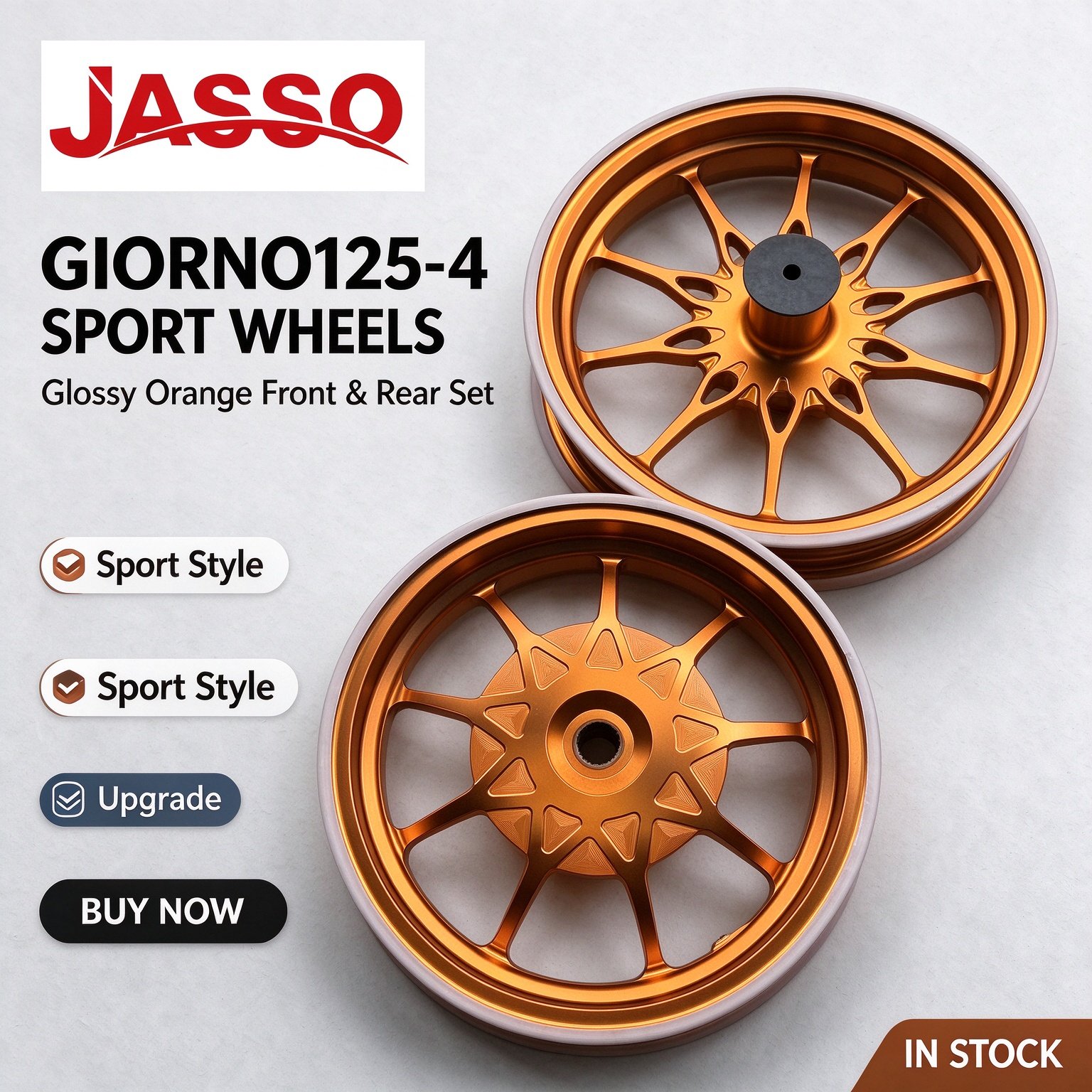 Honda GIORNO 125 Sport Alloy Wheel Rim Set - Bright Orange Five-Spoke Twist (Front and Rear)