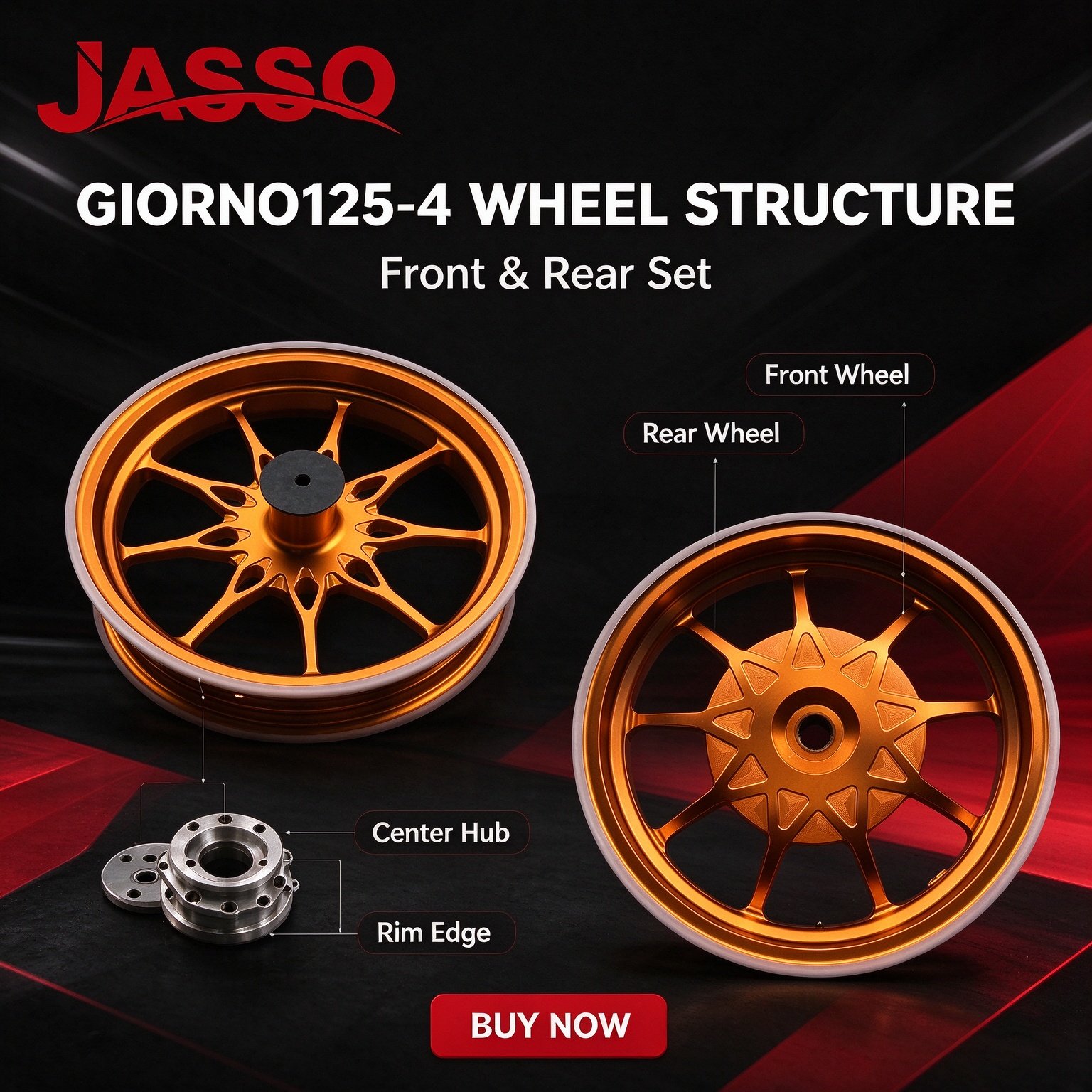 Honda GIORNO 125 Sport Alloy Wheel Rim Set - Bright Orange Five-Spoke Twist (Front and Rear)