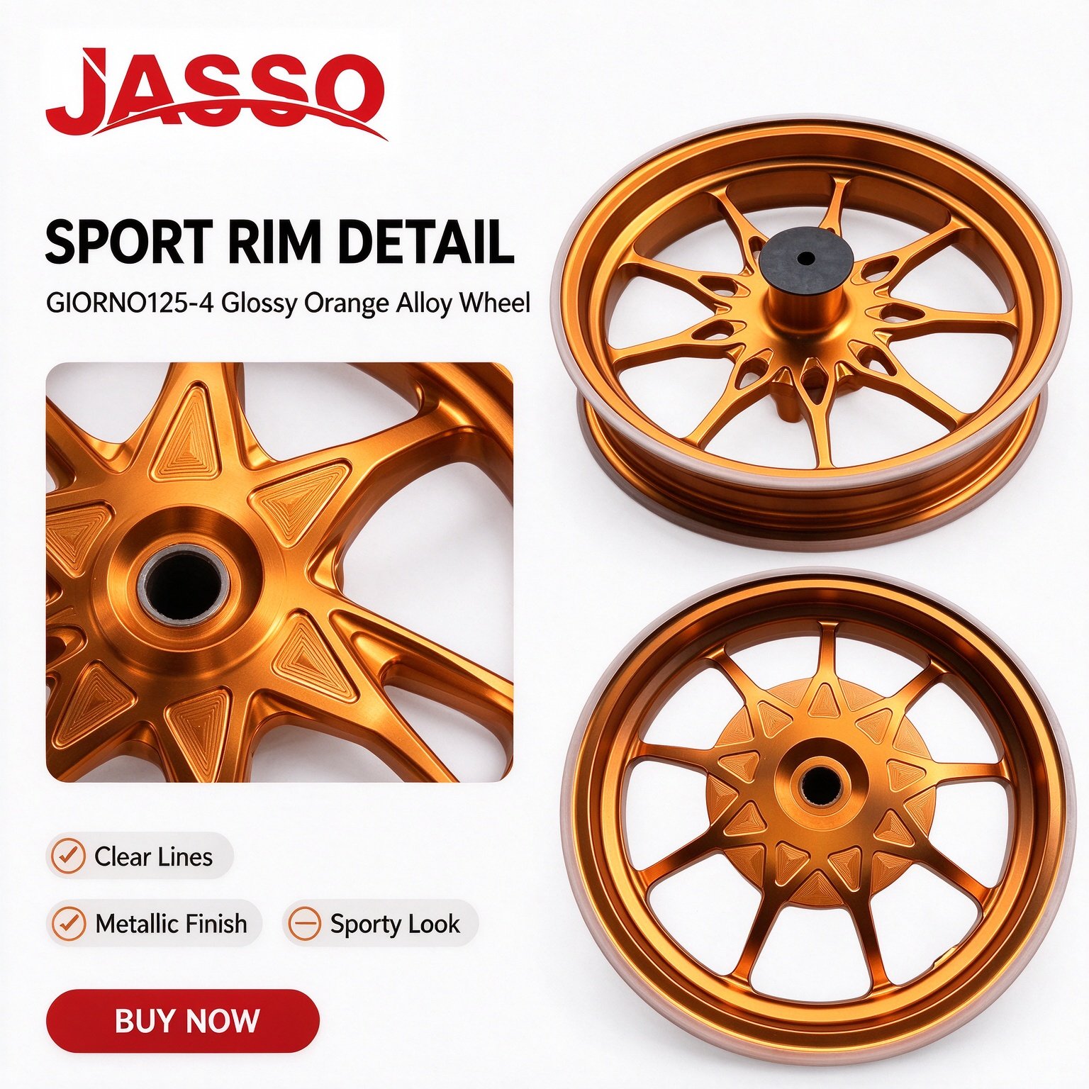 Honda GIORNO 125 Sport Alloy Wheel Rim Set - Bright Orange Five-Spoke Twist (Front and Rear)