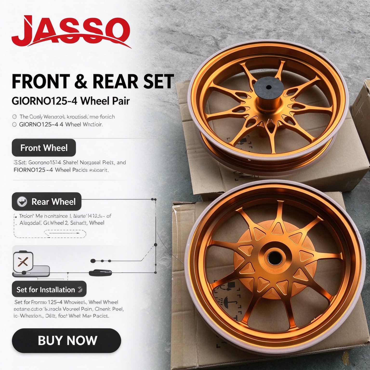 Honda GIORNO 125 Sport Alloy Wheel Rim Set - Bright Orange Five-Spoke Twist (Front and Rear)