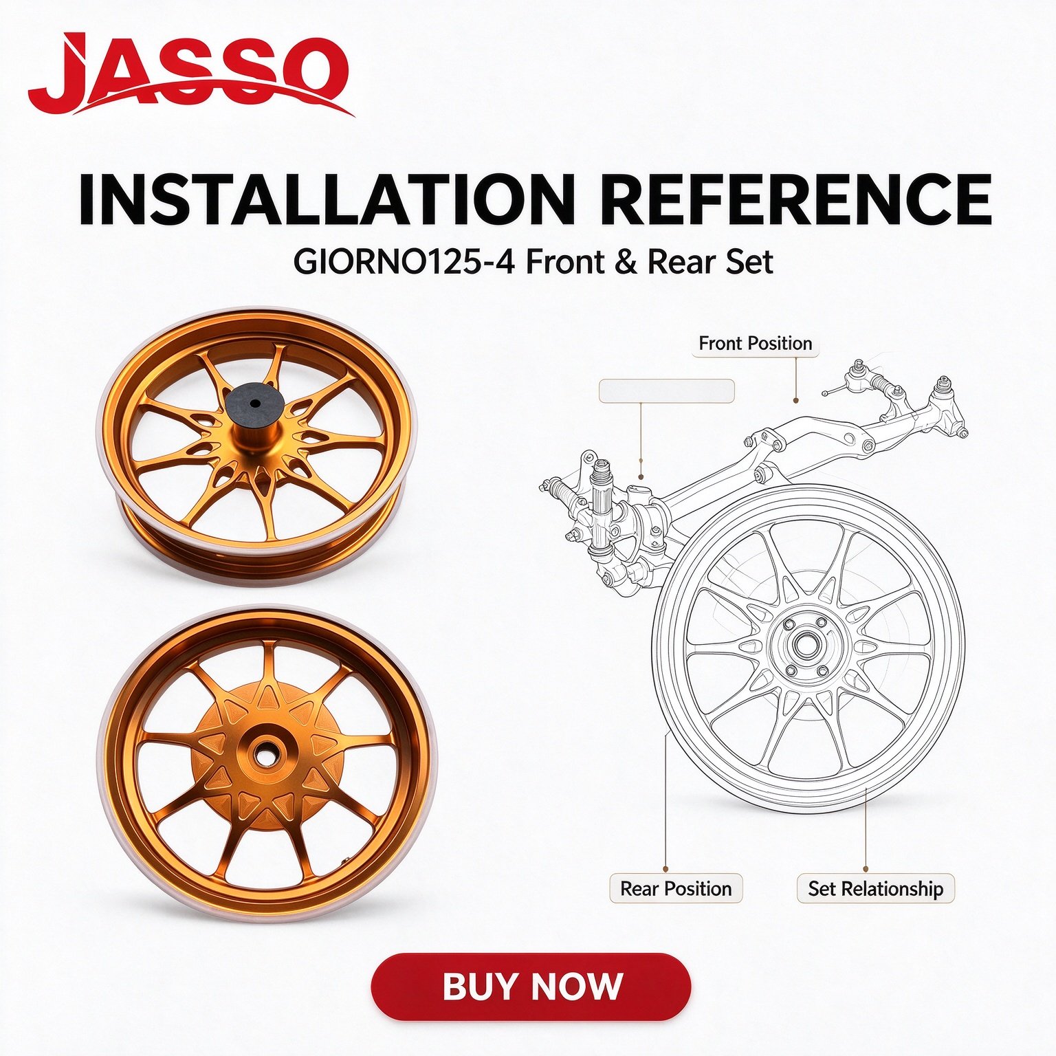 Honda GIORNO 125 Sport Alloy Wheel Rim Set - Bright Orange Five-Spoke Twist (Front and Rear)