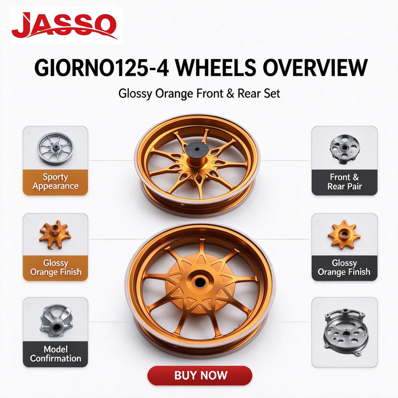 Honda GIORNO 125 Sport Alloy Wheel Rim Set - Bright Orange Five-Spoke Twist (Front and Rear)