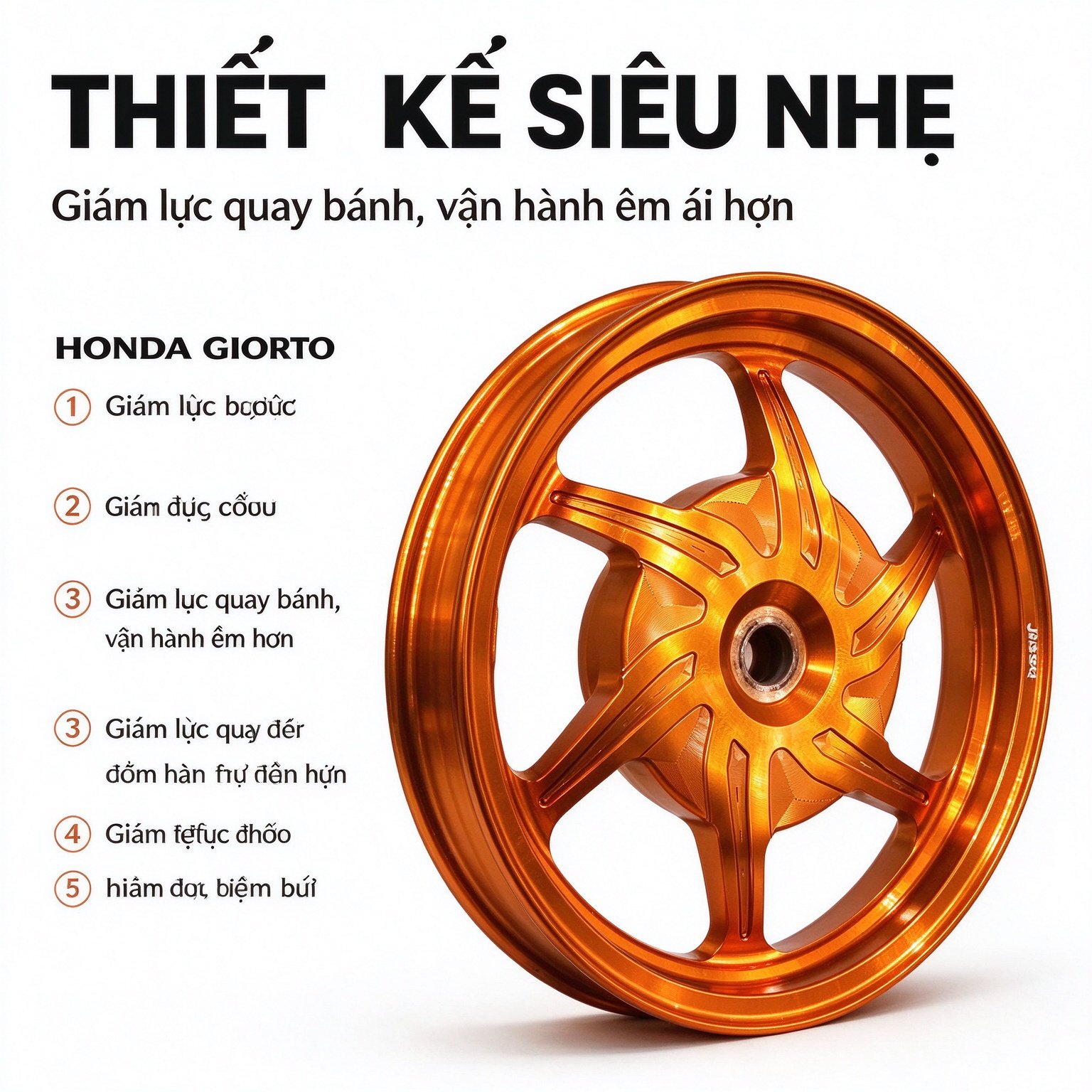 Honda GIORNO 125 Five-Point Star CNC Aluminum Wheel Rim - Bright Orange