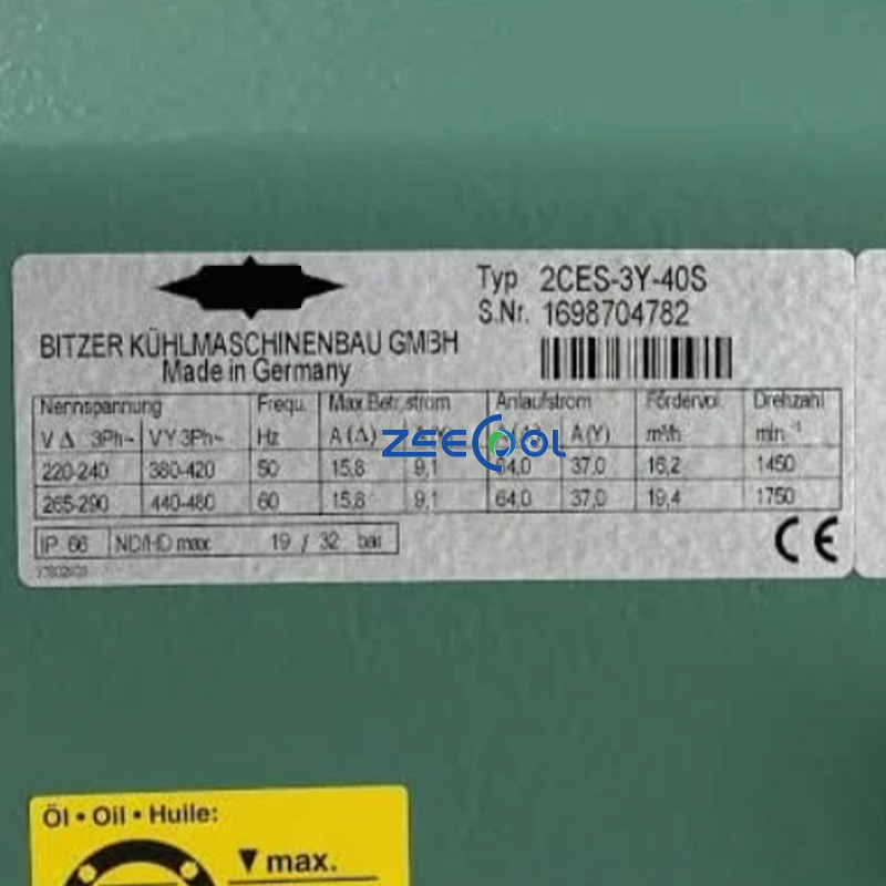 Bitzer Semi-hermetic Refrigeration Compressor 2DES-3Y-40S 2DES-2Y-40S 2CES-3Y-20D Used to Small to Medium-sized Commercial Refrigeration Systems
