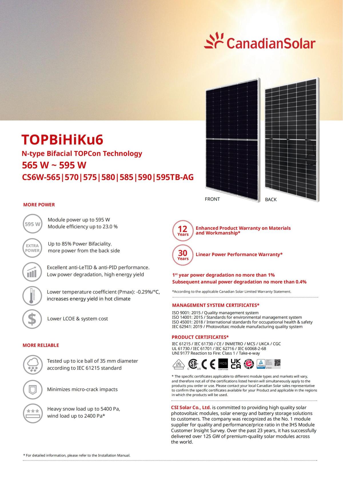 TOPBiHiKu6 N-type Bifacial TOPcon Technology 565 W~595 W