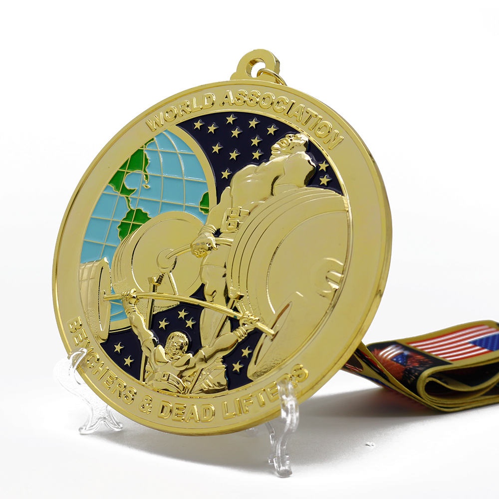 Custom 3D enamel weightlifting medals, metal sports medals with lanyards.