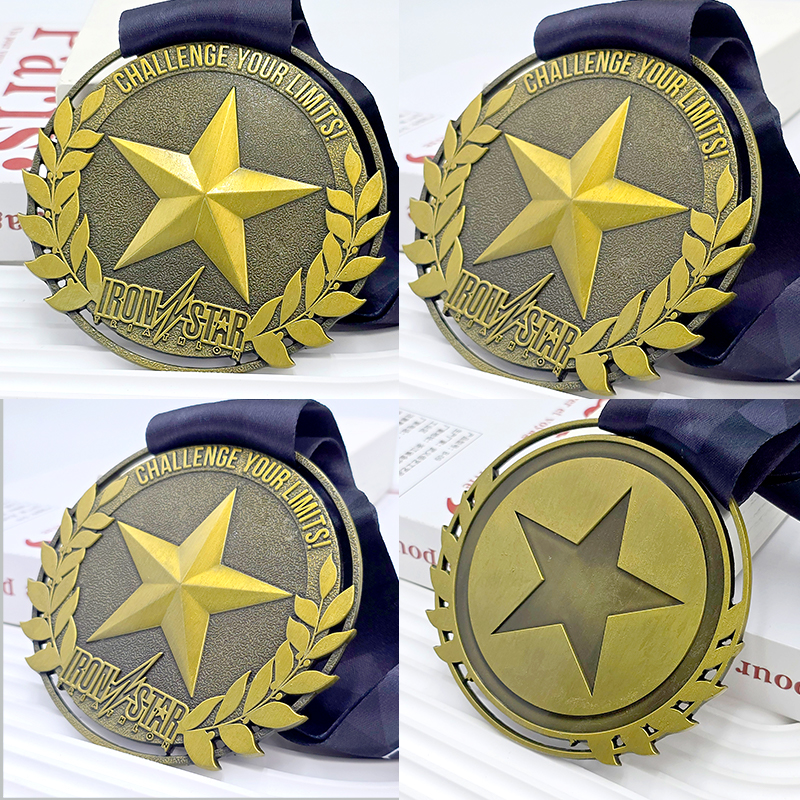 Vintage bronze three-dimensional five-pointed star relief medal triathlon event commemorative medal metal hollow honor medal