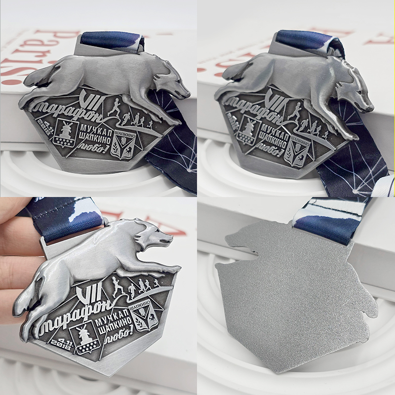 Retro silver metal medal, wolf-shaped 3D marathon commemorative medal, sports event collectible.