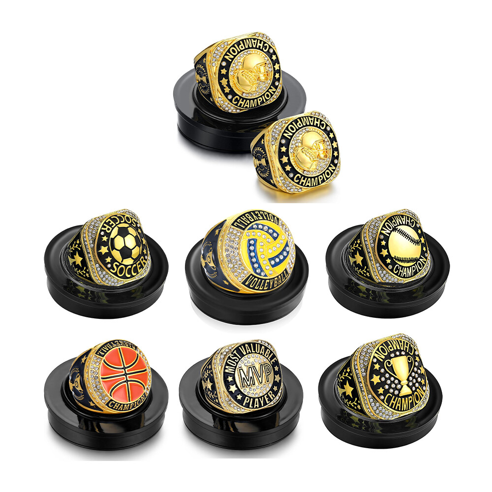 Diamond-encrusted sports accessories for general sports awards, including championship rings for football, basketball, rugby, and baseball MVP events.