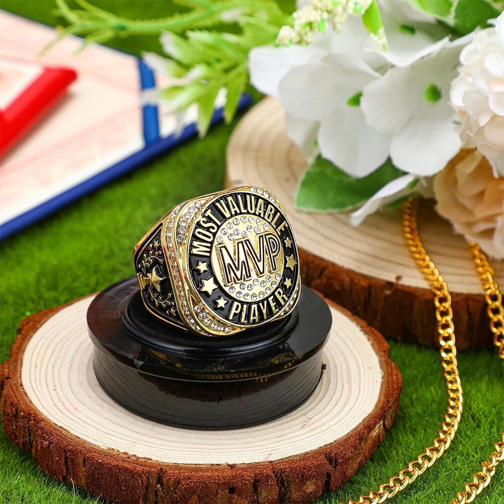 Diamond-encrusted sports accessories for general sports awards, including championship rings for football, basketball, rugby, and baseball MVP events.