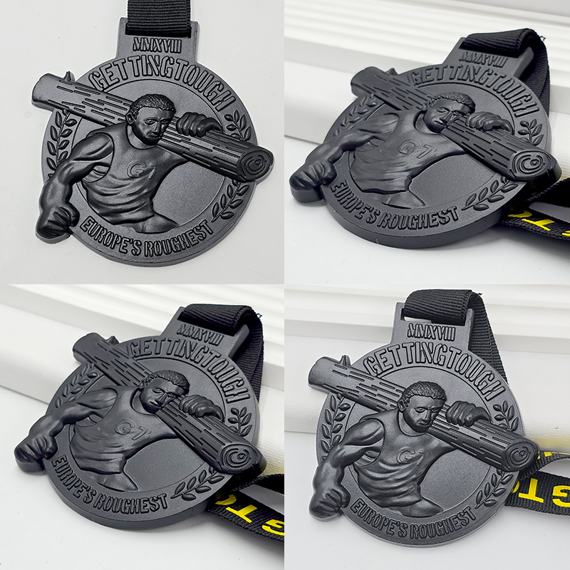 Matte black metal medal, weighted cross-country race commemorative 3D muscular tough guy relief, sports collectible.