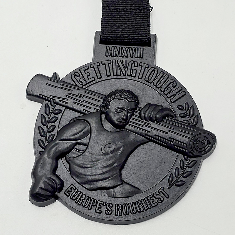 Matte black metal medal, weighted cross-country race commemorative 3D muscular tough guy relief, sports collectible.