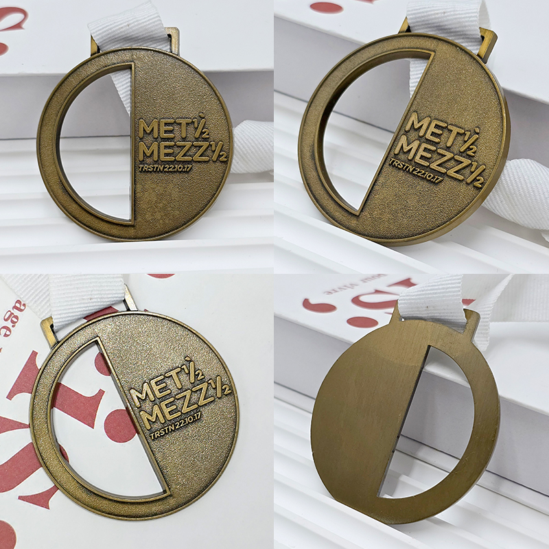 Retro bronze metal medal, commemorative semi-circular openwork design, sports event collectible.