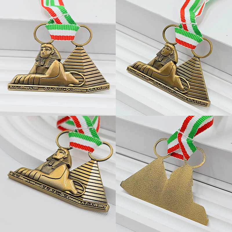 Vintage bronze metal medal, Egyptian Sphinx pyramid 3D design, commemorative collectible for sporting events.