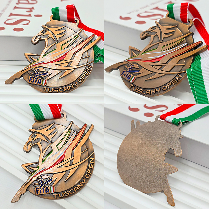 Vintage bronze metal medal, commemorative Pegasus 3D painted relief, tournament collectible.