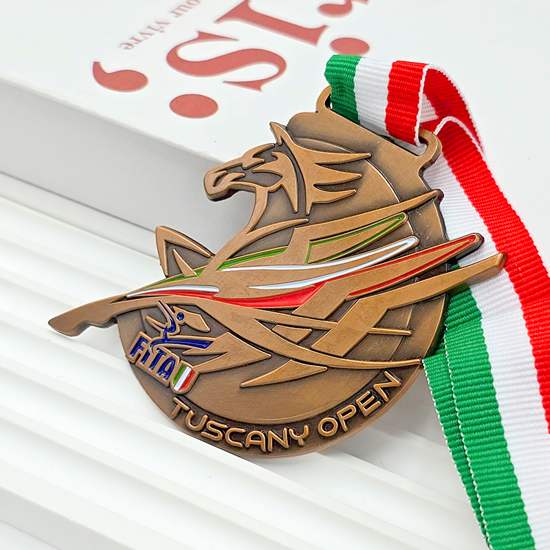 Vintage bronze metal medal, commemorative Pegasus 3D painted relief, tournament collectible.