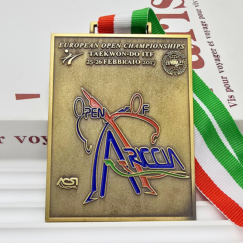 Vintage bronze metal medal, commemorative colored taekwondo relief sculpture for the European Taekwondo Open, a collectible item.