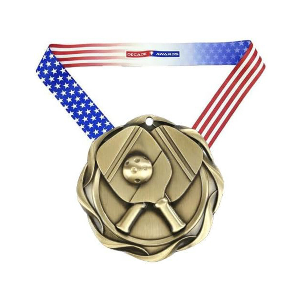 Decade Awards Pickleball Fusion Medal- Gold, Silver or Bronze | Pickle Ball Medal with Stars & Stripes Ribbon - 3 Inch Wide