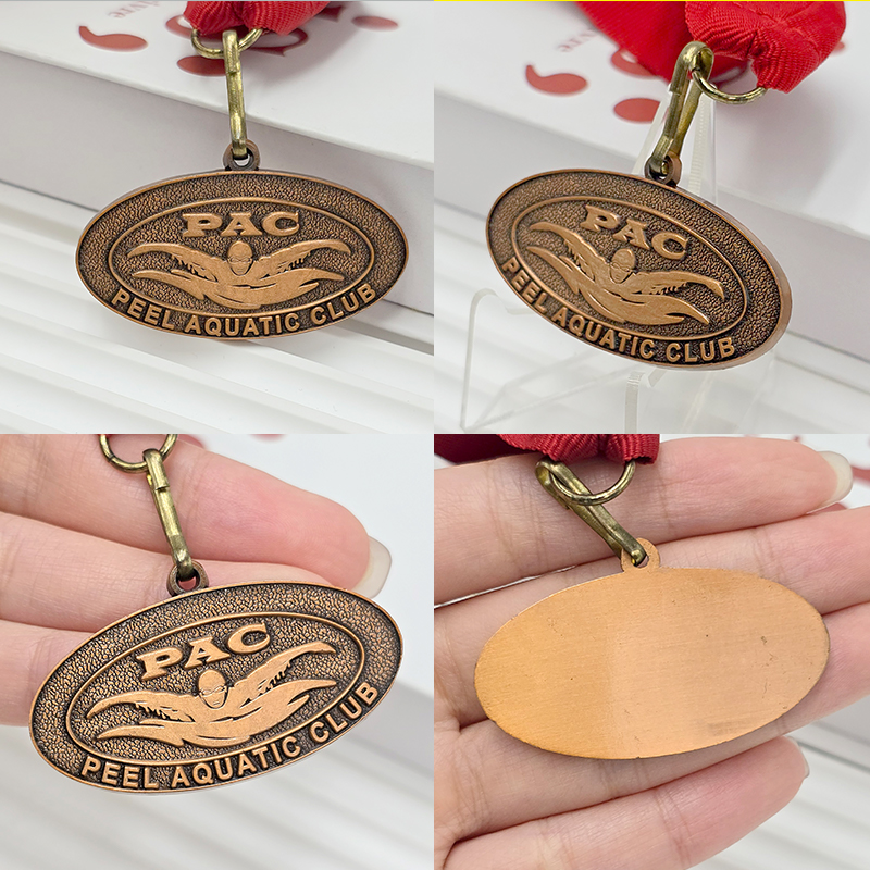 Vintage bronze metal medal, Peel Aquatic Club commemorative swimmer, 3D relief water sports collectible badge