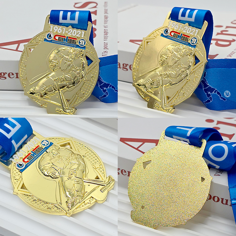 Gold-plated metal medal, 1961-2021, Yaroslavl Petrochemical 60th Anniversary Commemorative Ice Hockey Player Relief, Corporate Event Collectible.